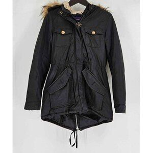 Madden Girl Black Faux Fur Hooded Winter Anorak Coat Snap Zip Front w/Pockets S